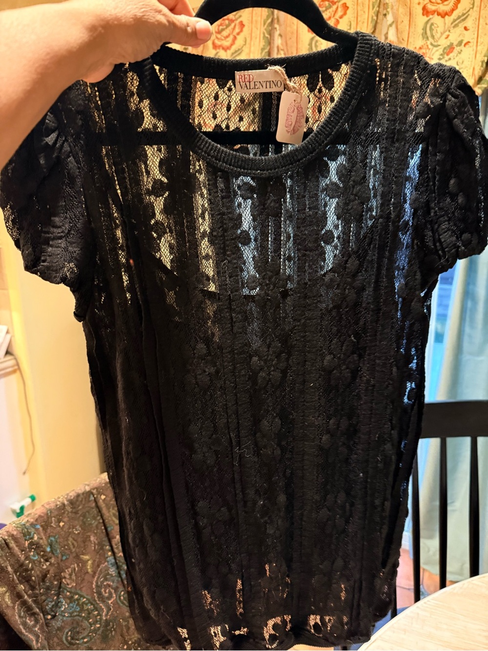 RED Valentino Black Floral Lace Short Sleeve Top with camisole classic elegance